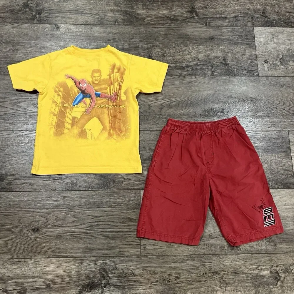 Vintage Y2K 2007 Spider-Man 3 Shirt Shorts Set Boys 7 Movie Marvel Tobey Maguire